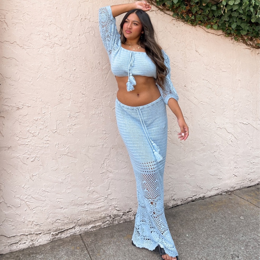 Spell Light Blue Crochet Top & Skirt SET